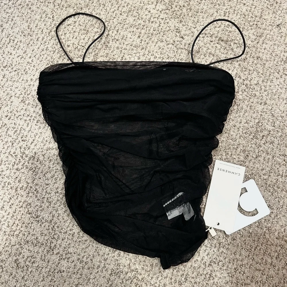 Commense Ruched Mesh Crop Top - Picture 2 of 4